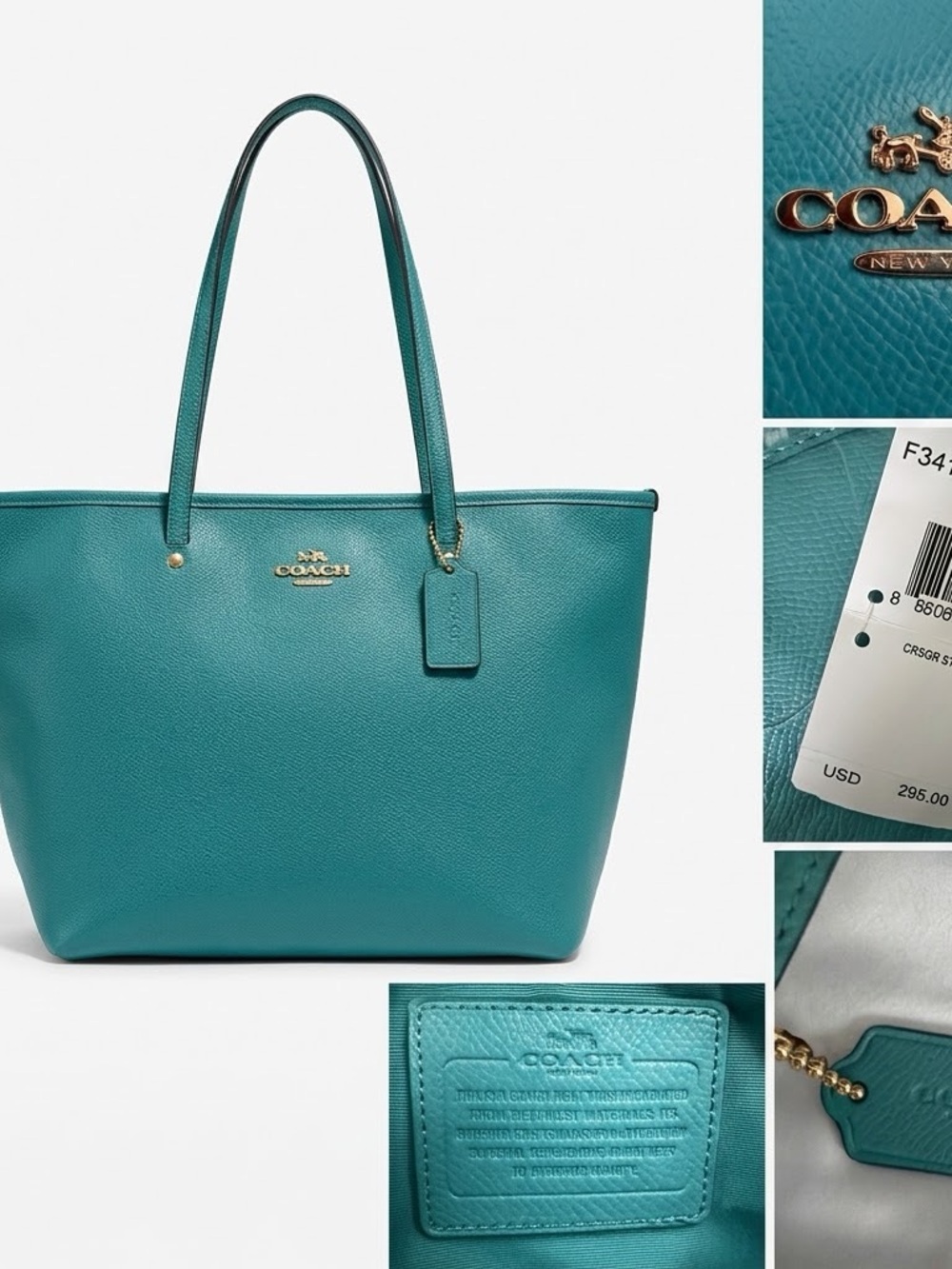 COACH Teal Pebbled Leather Tote with Gold Hardware